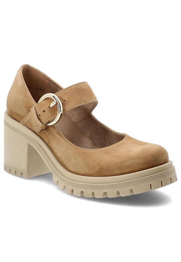 Półbuty damskie Armodo, cholewka ze skóry naturalnej zamszowej pasek z regulacją na metalową klamrę zabudowany przód na wysokim obcasie, brązowe, 201. Zapięcie: klamry. Kolor: brązowy. Materiał: skóra, zamsz. Szerokość cholewki: normalna. Obcas: na obcasie. Wysokość obcasa: wysoki