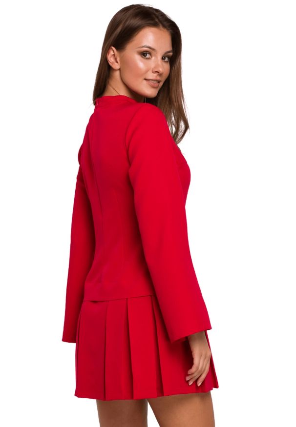 Sukienki.shop - Elegancka sukienka mini z kontrafałdami czerwona. Typ kołnierza: kołnierzyk stójkowy. Kolor: różowy, czerwony. Sezon: lato. Typ sukienki: rozkloszowane. Styl: elegancki. Długość: mini