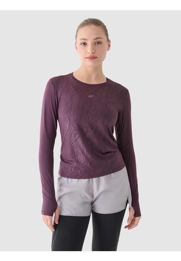 4f - 4F Longsleeve do biegania szybkoschnący damski - fioletowy M. Kolor: fioletowy. Materiał: włókno, elastan, dzianina, materiał, syntetyk. Długość rękawa: długi rękaw. Długość: krótkie. Wzór: gładki, nadruk, ze splotem. Sport: bieganie, fitness