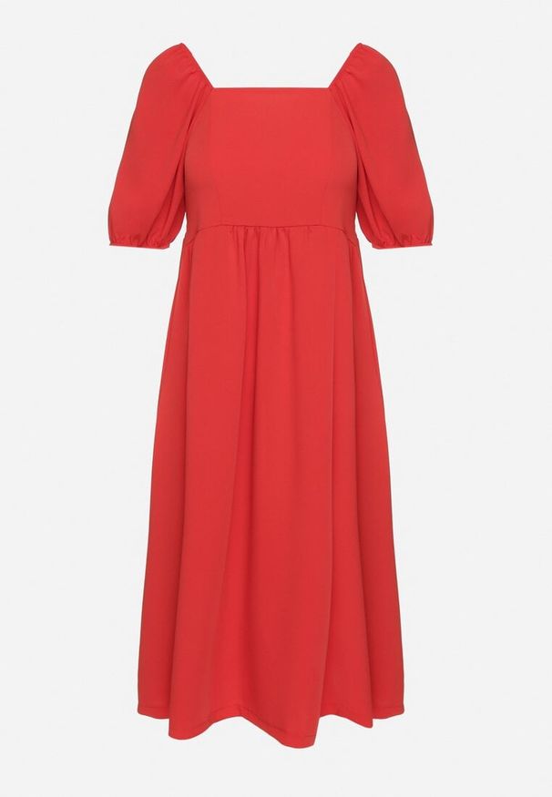 Born2be - Czerwona Rozkloszowana Sukienka z Bufiastymi Rękawami Kolireva. Okazja: na co dzień. Typ kołnierza: dekolt kwadratowy. Kolor: czerwony. Styl: elegancki, casual