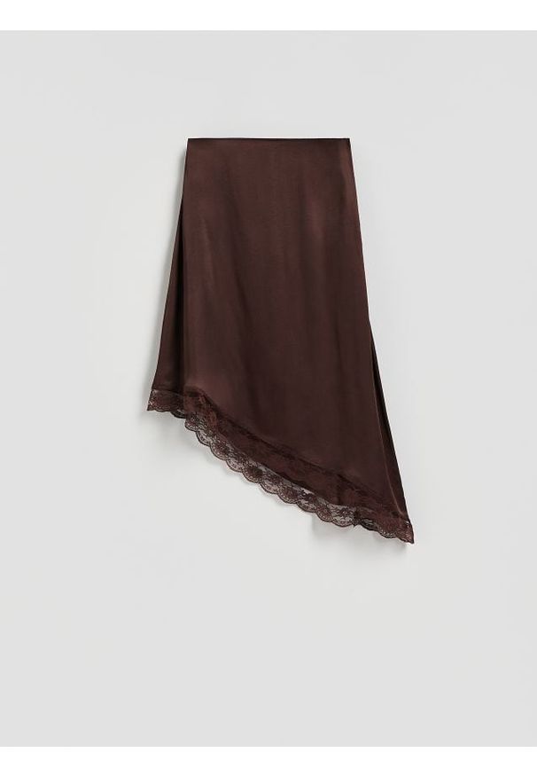 Reserved - Spódnica z asymetrycznym dołem - ciemnobrązowy. Kolor: brązowy. Materiał: wiskoza, tkanina