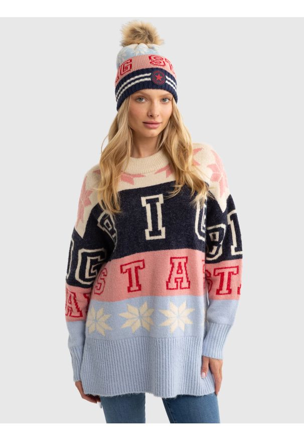 Big-Star - Sweter damski zimowy z logo BIG STAR Apresa 000. Okazja: na imprezę, na spacer. Kolor: wielokolorowy. Materiał: jeans, materiał, tkanina. Długość rękawa: długi rękaw. Długość: długie. Wzór: kolorowy. Sezon: zima. Styl: wizytowy