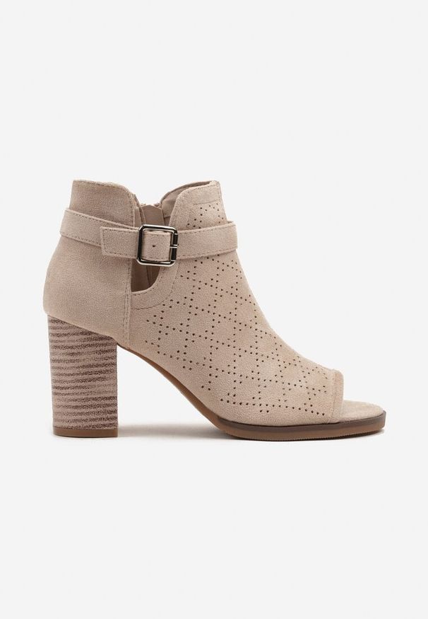 Born2be - Beżowe Sandały w Stylu Botków na Obcasie z Ażurową Cholewką Tunava. Okazja: na co dzień. Kolor: beżowy. Materiał: jeans. Wzór: ażurowy. Obcas: na obcasie. Styl: casual, elegancki. Wysokość obcasa: średni