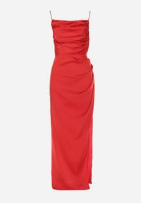 Born2be - Czerwona Satynowa Sukienka Maxi z Rozcięciem na Dole Hacheyar. Kolor: czerwony. Materiał: satyna. Długość rękawa: na ramiączkach. Styl: elegancki. Długość: maxi #4