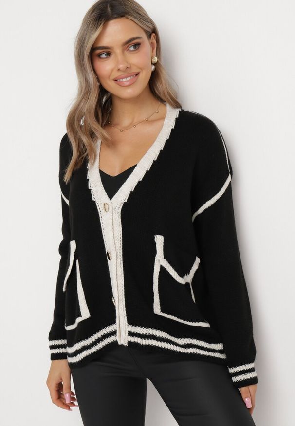 Born2be - Czarny Sweter Kardigan Ozdobiony Kontrastowymi Lamówkami Sunje. Kolor: czarny. Wzór: aplikacja. Styl: klasyczny