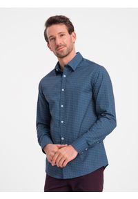 Ombre Clothing - Bawełniana koszula męska we wzory SLIM FIT - niebieska V4 OM-SHCS-0151 - XXL. Kolor: niebieski. Materiał: bawełna. Styl: klasyczny