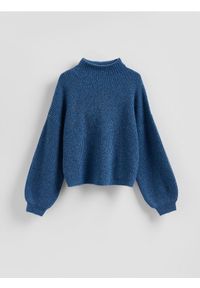Reserved - Sweter z bufiastymi rękawami - granatowy. Kolor: niebieski. Materiał: dzianina, wełna