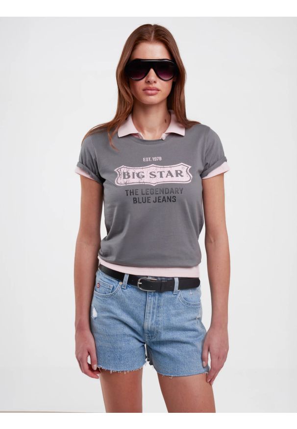 Big-Star - Koszulka damska z nadrukiem na piersi z kolekcji Authentic szara Rissmelna 905. Kolor: szary. Materiał: dzianina, jeans. Wzór: nadruk. Styl: retro