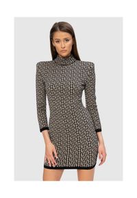 Balmain - BALMAIN Czarna damska sukienka w monogram, Rozmiar 36. Typ kołnierza: kołnierzyk stójkowy. Kolor: wielokolorowy. Materiał: dzianina. Długość rękawa: długi rękaw