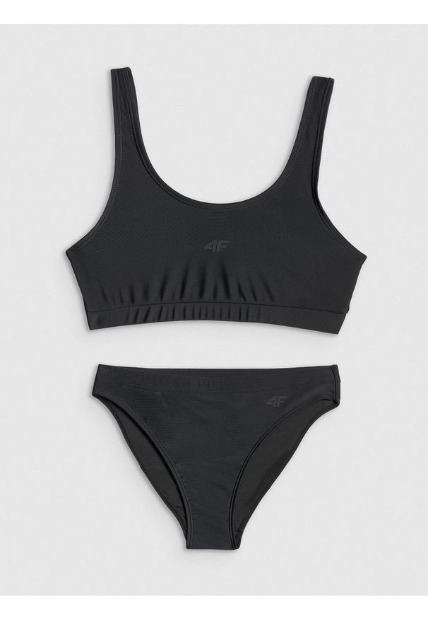 4f - 4F Kostium kąpielowy dwuczęściowy dziewczęcy - czarny 158/164 (12-14 lat). Kolor: czarny. Materiał: elastan, włókno, guma, dzianina, materiał, syntetyk. Rodzaj stanika: wyciągane miseczki. Wzór: jednolity
