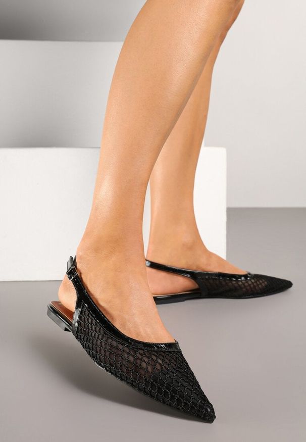 Renee - Czarne Siateczkowe Sandały Slingback na Płaskiej Podeszwie Reolanta. Okazja: na co dzień, na spotkanie biznesowe, do pracy. Kolor: czarny. Wzór: aplikacja. Obcas: na płaskiej podeszwie. Styl: elegancki, biznesowy, casual