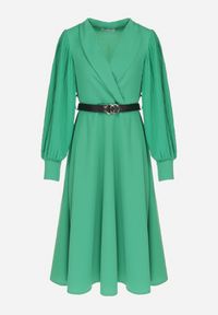 Born2be - Zielona Sukienka Rozkloszowana z Paskiem Aidyn. Kolor: zielony. Typ sukienki: kopertowe. Styl: elegancki. Długość: midi #6