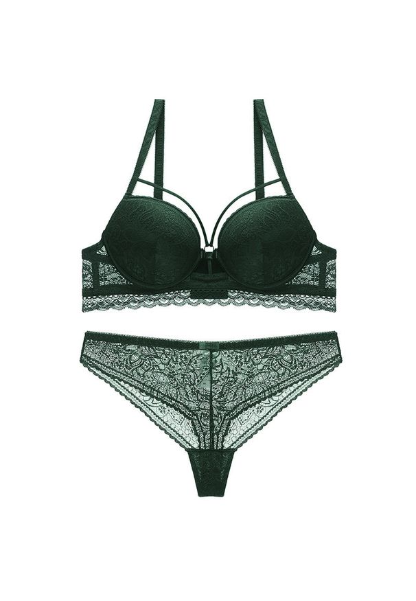 Intica - Komplet bieliźniany z usztywnianym biustonoszem i koronką Jolynn. Kolor: zielony. Materiał: koronka. Wzór: koronka
