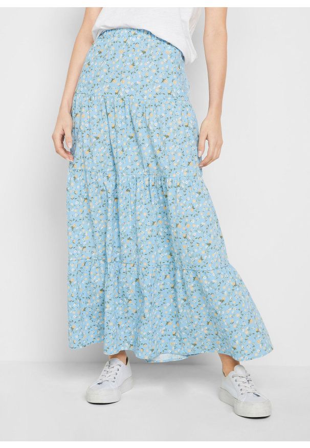 bonprix - Spódnica maxi z falban. Kolor: niebieski. Materiał: bawełna