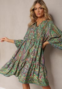 Renee - Zielona Sukienka Bombka z Koszulową Górą w Stylu Boho Alipra. Kolor: zielony. Typ sukienki: bombki, koszulowe. Styl: boho #4