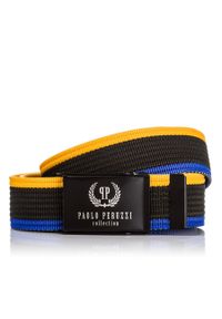 PAOLO PERUZZI - Pasek męski parciany 115cm Paolo Peruzzi czarny PW-07. Kolor: niebieski, wielokolorowy, czarny, żółty. Materiał: materiał