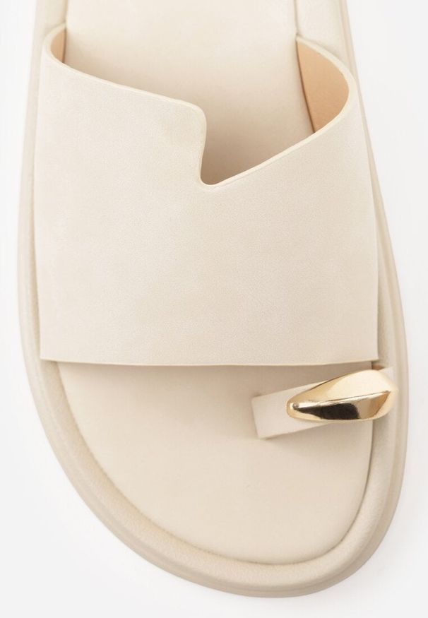 Renee - Beżowe Klapki Japonki Ozdobione Aplikacją na Palcu Noevianna. Okazja: na spacer, na co dzień. Kolor: beżowy. Materiał: jeans. Wzór: aplikacja. Sezon: wiosna, lato. Styl: casual