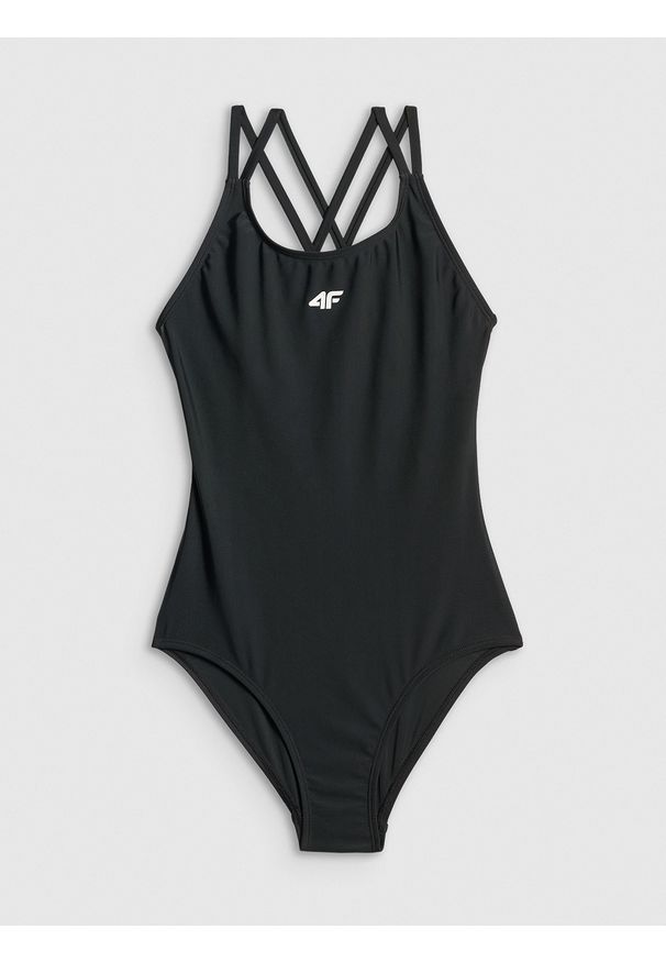 4f - 4F Kostium kąpielowy jednoczęściowy dziewczęcy - czarny 158/164 (12-14 lat). Kolor: czarny. Materiał: skóra, materiał. Rodzaj stanika: push-up