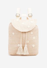 Born2be - Beżowy Plecak z Plecionki w Kwiaty z Klapą i Frędzlami Lunilia. Kolor: beżowy. Materiał: jeans. Wzór: kwiaty. Styl: elegancki, casual