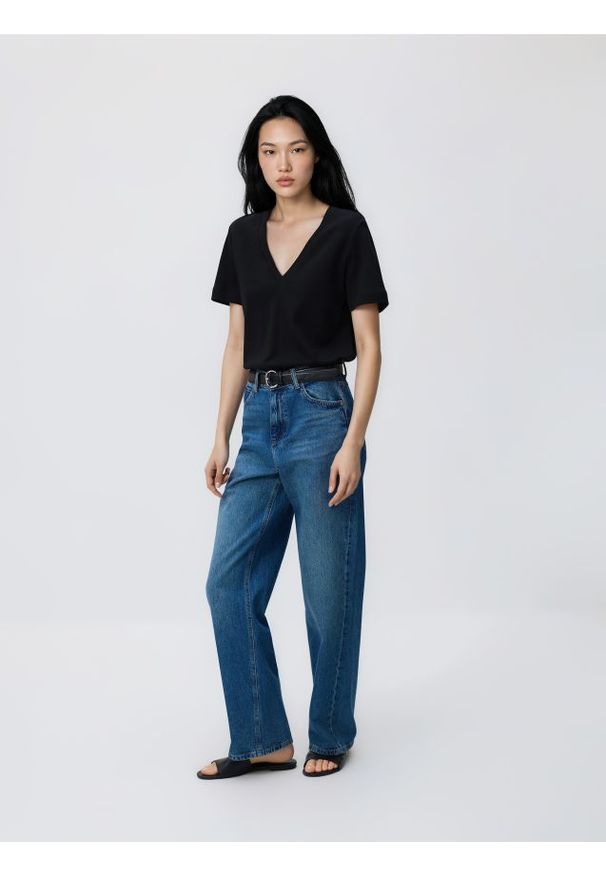 Reserved - T-shirt z bawełny merceryzowanej - czarny. Kolor: czarny. Materiał: bawełna