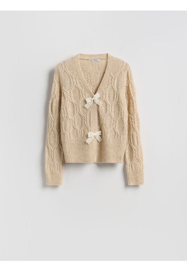 Reserved - Kardigan z kokardkami - beżowy. Typ kołnierza: kokarda. Kolor: beżowy. Materiał: dzianina, wełna