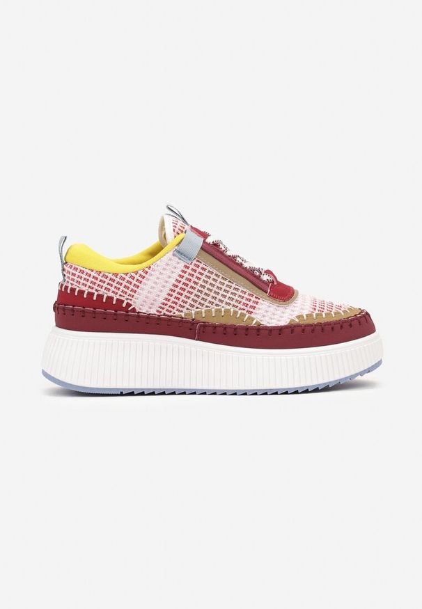 Born2be - Bordowe Sneakersy na Grubej Podeszwie Ozdobione Przeszyciami Terilira. Zapięcie: rzepy. Kolor: czerwony. Materiał: jeans. Wzór: aplikacja