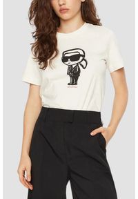 Karl Lagerfeld - KARL LAGERFELD Beżowy damski t-shirt Ikon Sketch Karl, Rozmiar XS. Kolor: beżowy. Materiał: materiał #1