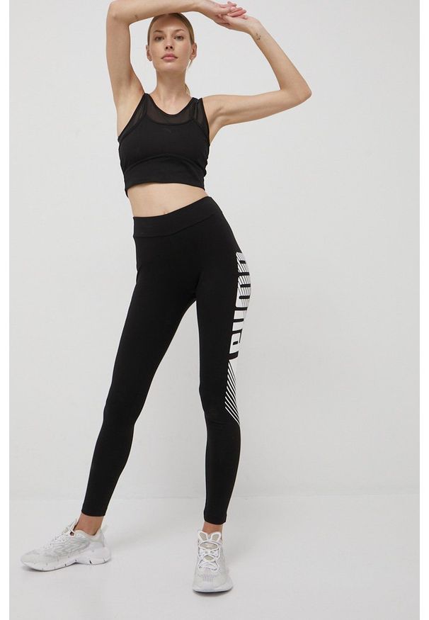 Puma legginsy damskie kolor czarny z nadrukiem. Stan: podwyższony. Kolor: czarny. Materiał: dzianina. Wzór: nadruk
