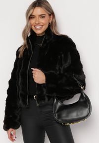 Born2be - Czarna Futerkowa Kurtka z Kołnierzem i Suwakiem Braline. Kolor: czarny. Materiał: jeans. Styl: klasyczny, elegancki #4