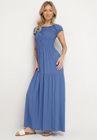 Born2be - Niebieska Wiskozowa Sukienka Hiszpanka z Marszczoną Górą Jenanira. Okazja: na co dzień. Typ kołnierza: dekolt hiszpanka. Kolor: niebieski. Materiał: wiskoza. Styl: klasyczny, casual #6