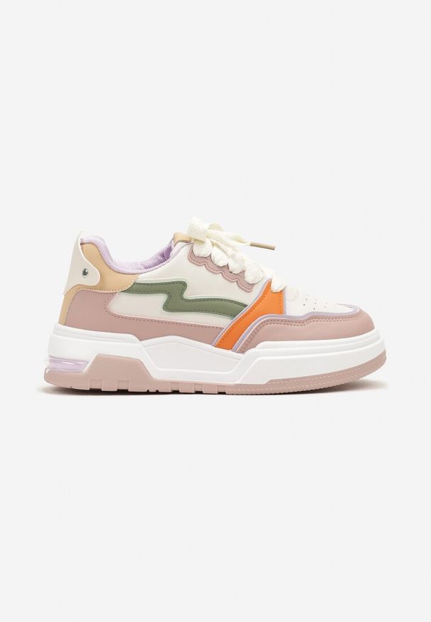 Renee - Różowe Sneakersy z Przeszyciami i Grubą Podeszwą Berinela. Nosek buta: okrągły. Zapięcie: sznurówki. Kolor: beżowy. Materiał: materiał. Obcas: na obcasie. Wysokość obcasa: niski