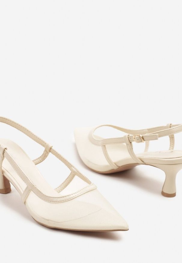 Born2be - Beżowe Sandały Slingback z Siateczki na Obcasie Typu Kaczuszka Tiltewia. Nosek buta: szpiczasty. Kolor: beżowy. Materiał: jeans. Obcas: na obcasie. Styl: klasyczny. Wysokość obcasa: średni