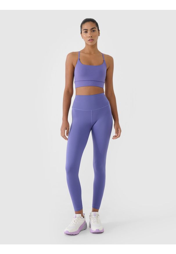 4f - 4F Legginsy treningowe z wysokim stanem damskie - granatowe XL. Stan: podwyższony. Kolor: niebieski. Materiał: dzianina, włókno, poliester, materiał, elastan. Wzór: gładki, ze splotem, jednolity. Sport: fitness