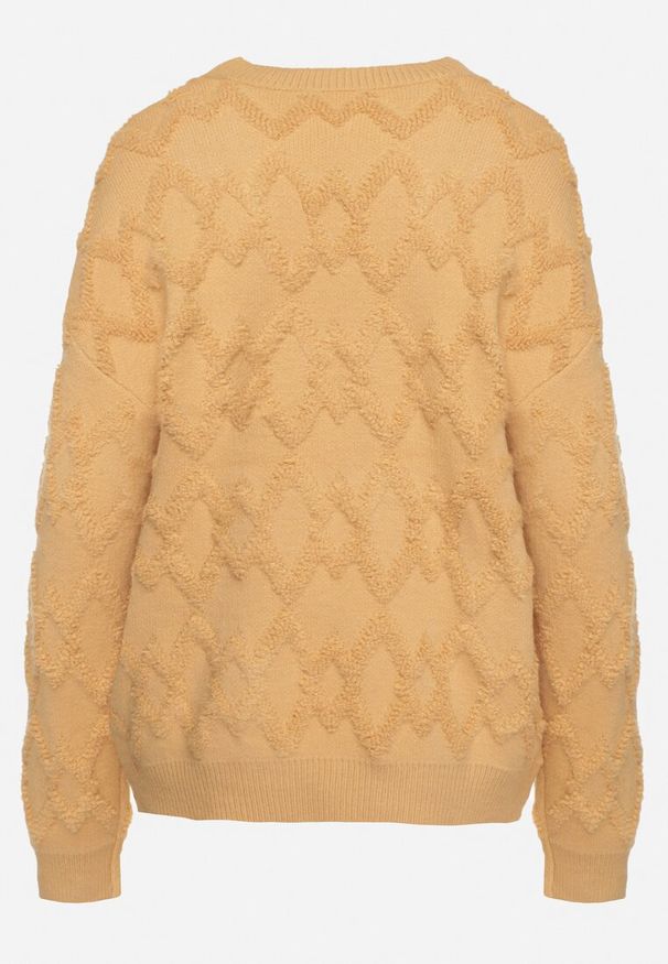 Born2be - Żółty Sweter o Luźnym Kroju i Wzorzystym Splocie ze Ściągaczami Elondrae. Okazja: na co dzień. Kolor: żółty. Materiał: jeans, bawełna. Wzór: ze splotem. Styl: elegancki, casual