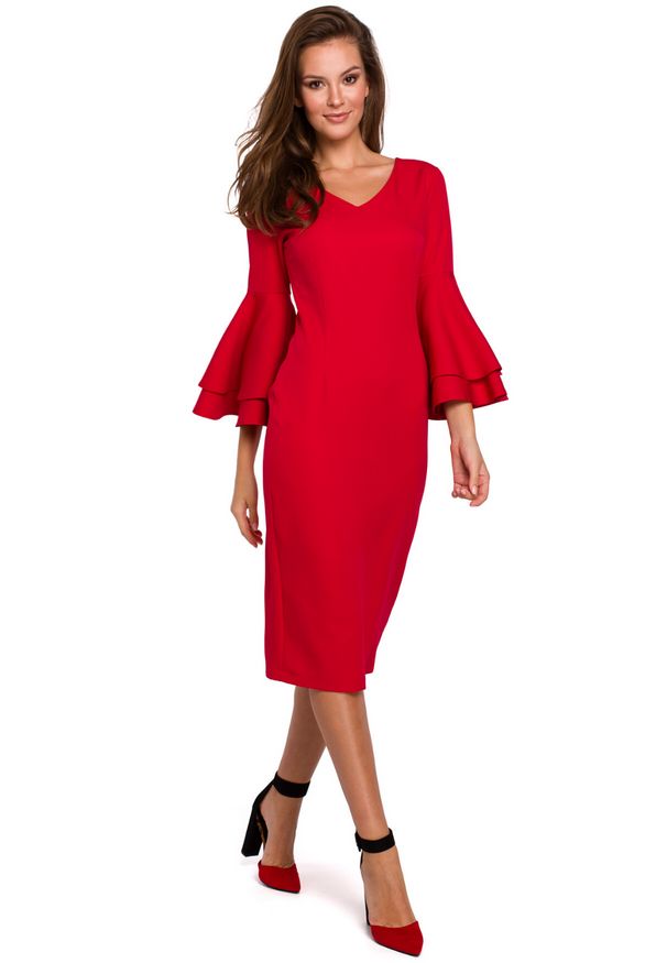 Makover - Elegancka sukienka midi z ozdobnymi rękawami. Typ sukienki: ołówkowe. Styl: elegancki. Długość: midi