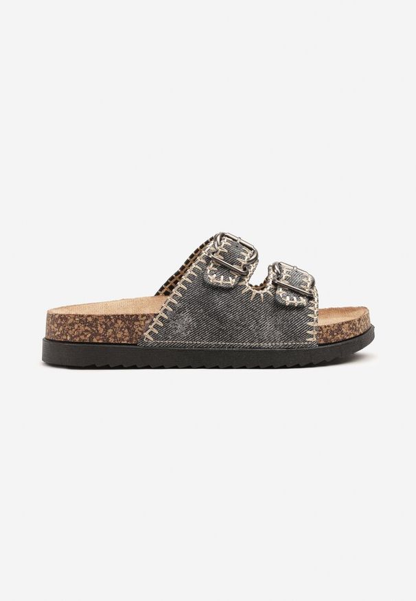 Born2be - Ciemnoszare Klapki na Grubej Korkowej Podeszwie Ozdobione Przeszyciami Nuridara. Okazja: na co dzień. Kolor: szary. Materiał: jeans. Wzór: aplikacja. Styl: klasyczny, casual