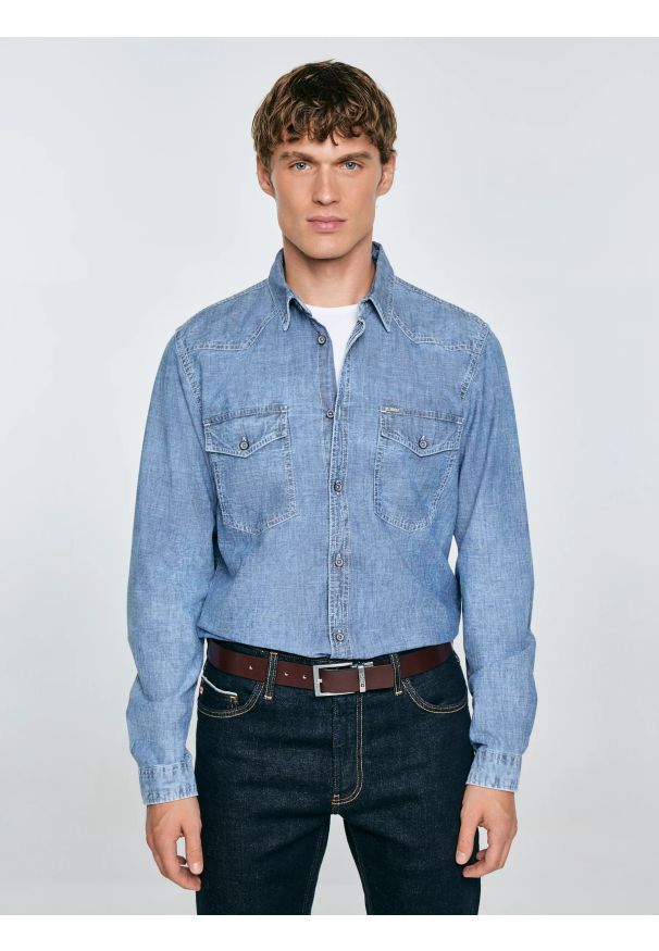 Big-Star - Koszula męska z imitacji jeansu niebieska Retinez 401. Kolor: niebieski. Materiał: jeans. Wzór: melanż