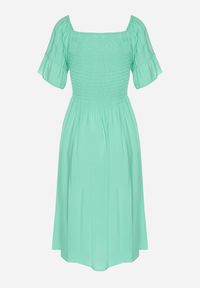 Born2be - Jasnozielona Rozkloszowana Sukienka Bawełniana z Bufiastymi Rękawami i Elastyczną Górą Veliova. Okazja: na co dzień. Kolor: zielony. Materiał: bawełna. Styl: elegancki, casual #7