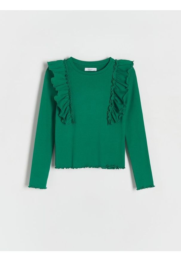 Reserved - Bawełniana koszulka z falbankami - zielony. Typ kołnierza: kołnierz z falbankami. Kolor: zielony. Materiał: bawełna. Wzór: prążki