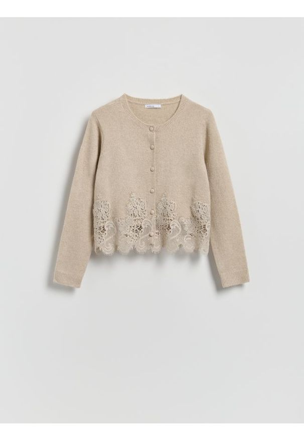 Reserved - Kardigan z koronkowym wykończeniem - beżowy. Kolor: beżowy. Materiał: koronka