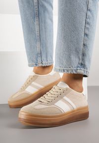 Renee - Ciemnobeżowe Sneakersy na Płaskiej Podeszwie z Ozdobnymi Paskami Velali. Nosek buta: okrągły. Zapięcie: pasek. Kolor: beżowy. Obcas: na płaskiej podeszwie. Wysokość obcasa: niski #6