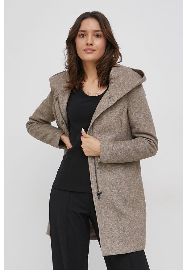 only - Only - Płaszcz. Okazja: na co dzień. Typ kołnierza: kaptur. Kolor: beżowy. Materiał: tkanina. Wzór: gładki. Styl: casual