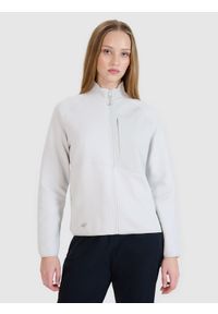 4f - 4F Bluza dresowa rozpinana bez kaptura damska - szara M. Okazja: na co dzień. Typ kołnierza: bez kaptura. Kolor: szary. Materiał: dresówka. Długość rękawa: raglanowy rękaw. Wzór: ze splotem. Styl: klasyczny, sportowy, casual