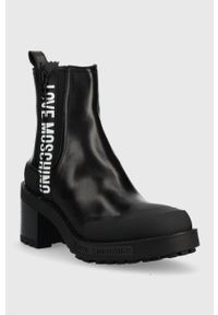 Love Moschino sztyblety skórzane damskie kolor czarny na słupku. Nosek buta: okrągły. Kolor: czarny. Materiał: skóra. Obcas: na słupku. Wysokość obcasa: średni #3