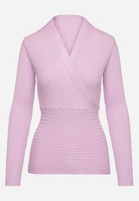 Born2be - Fioletowy Dopasowany Sweter w Prążki z Kopertowym Dekoltem Masasani. Kolor: fioletowy. Materiał: bawełna. Wzór: prążki #4