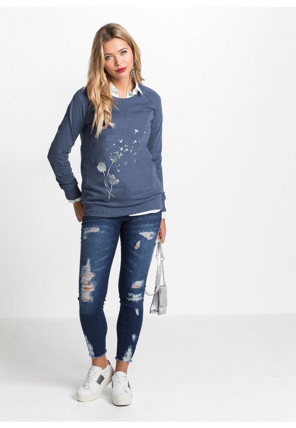 bonprix - Bluza z mieszanki bawełny. Kolor: niebieski. Materiał: bawełna, dresówka. Wzór: nadruk