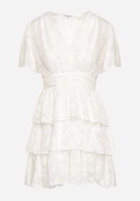 Born2be - Biała Rozkloszowana Sukienka z Trójkątnym Dekoltem z Gumką w Pasie i Falbankami Crapia. Okazja: na spacer. Typ kołnierza: kołnierz z falbankami. Kolor: biały. Długość rękawa: krótki rękaw. Styl: wizytowy #5