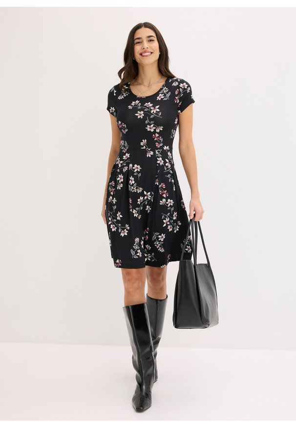bonprix - Sukienka z dżerseju z mieszanki wiskozy. Kolor: czarny. Materiał: jersey, wiskoza. Długość rękawa: krótki rękaw. Wzór: gładki, nadruk, grochy, paski. Sezon: lato