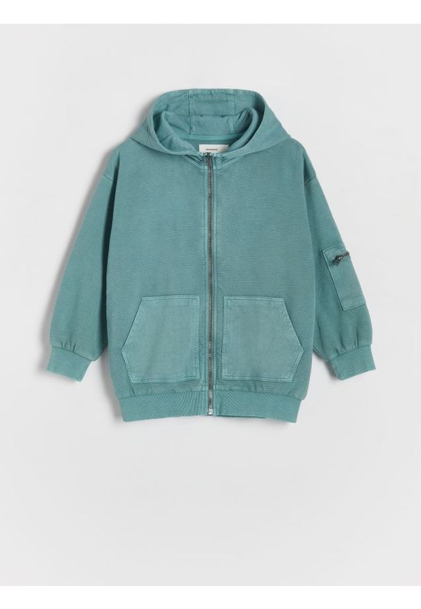 Reserved - Bluza oversize z kapturem - morski. Typ kołnierza: kaptur. Kolor: morski. Materiał: dzianina, bawełna