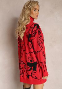 Renee - Czerwona Sukienka Sweter z Golfem i Nadrukiem Etelka. Typ kołnierza: golf. Kolor: czerwony. Wzór: nadruk. Styl: elegancki #5